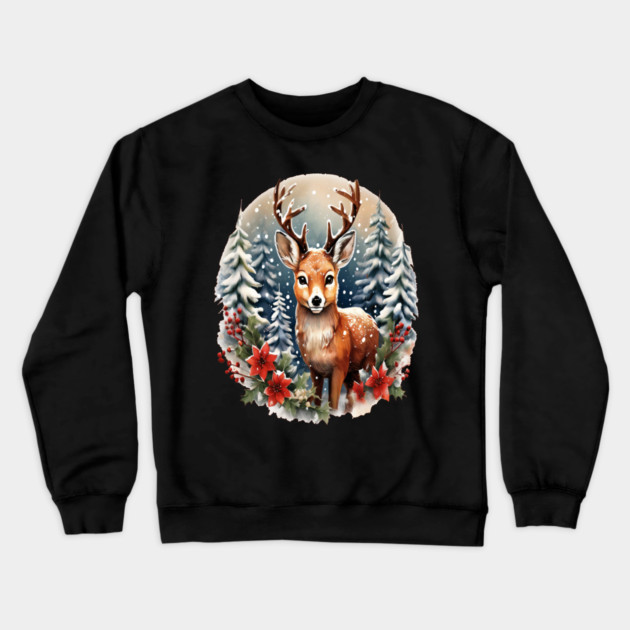 Christmas Deer with Poinsettia and Snow Crewneck Sweatshirt by BirdsnStuff