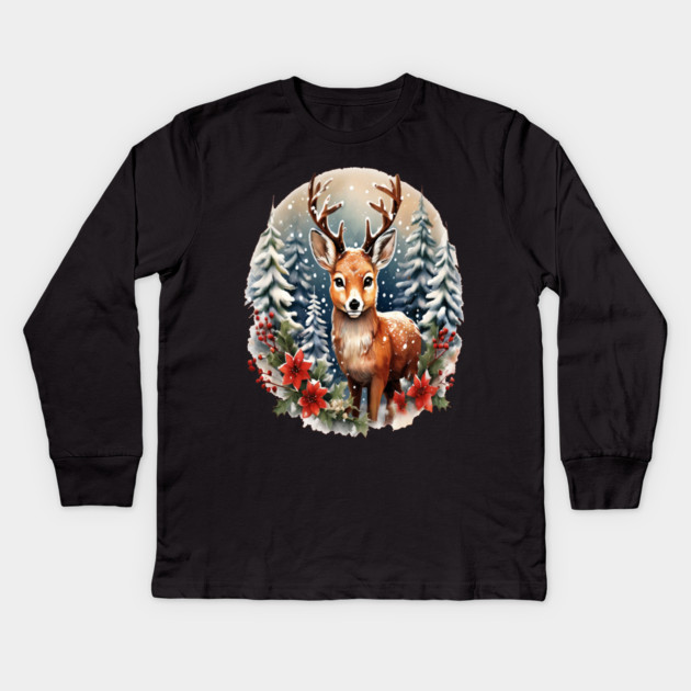 Christmas Deer with Poinsettia and Snow Kids Long Sleeve T-Shirt by BirdsnStuff
