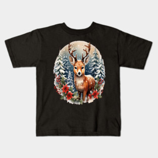 Christmas Deer with Poinsettia and Snow Kids T-Shirt