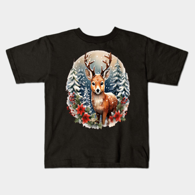 Christmas Deer with Poinsettia and Snow Kids T-Shirt by BirdsnStuff