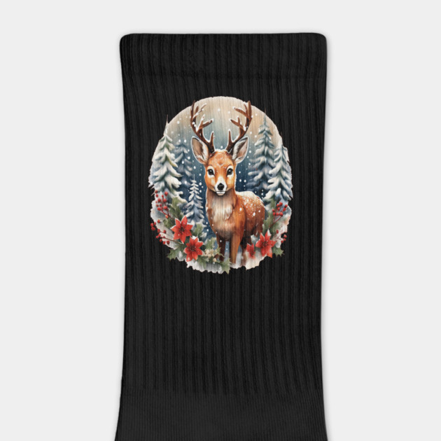 Christmas Deer with Poinsettia and Snow by BirdsnStuff