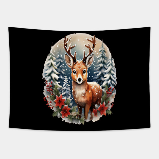 Christmas Deer with Poinsettia and Snow Tapestry by BirdsnStuff
