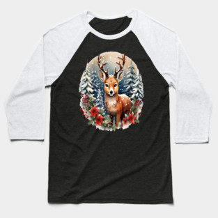 Christmas Deer with Poinsettia and Snow Baseball T-Shirt