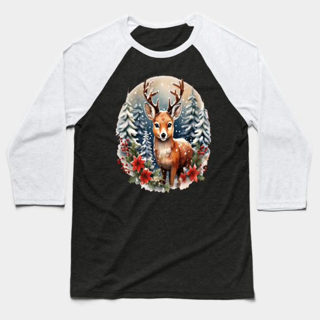 Christmas Deer with Poinsettia and Snow Baseball T-Shirt by BirdsnStuff