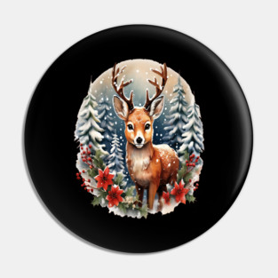 Christmas Deer with Poinsettia and Snow Pin