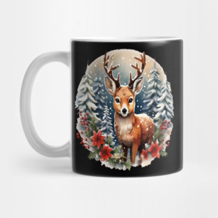 Christmas Deer with Poinsettia and Snow Mug