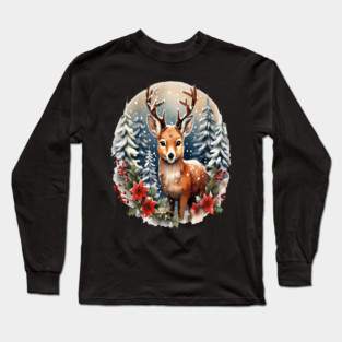 Christmas Deer with Poinsettia and Snow Long Sleeve T-Shirt