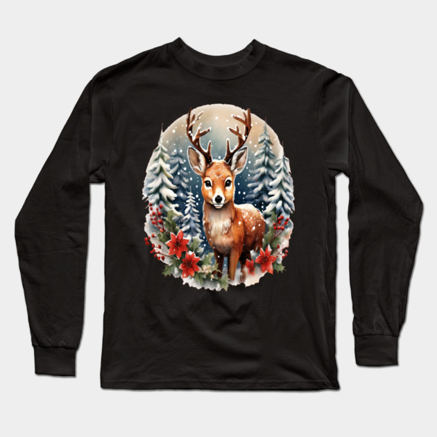 Christmas Deer with Poinsettia and Snow Long Sleeve T-Shirt by BirdsnStuff