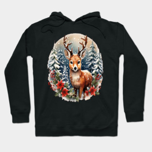 Christmas Deer with Poinsettia and Snow Hoodie