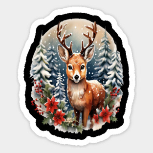 Christmas Deer with Poinsettia and Snow Sticker