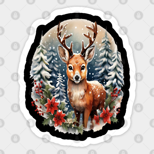 Christmas Deer with Poinsettia and Snow Sticker by BirdsnStuff