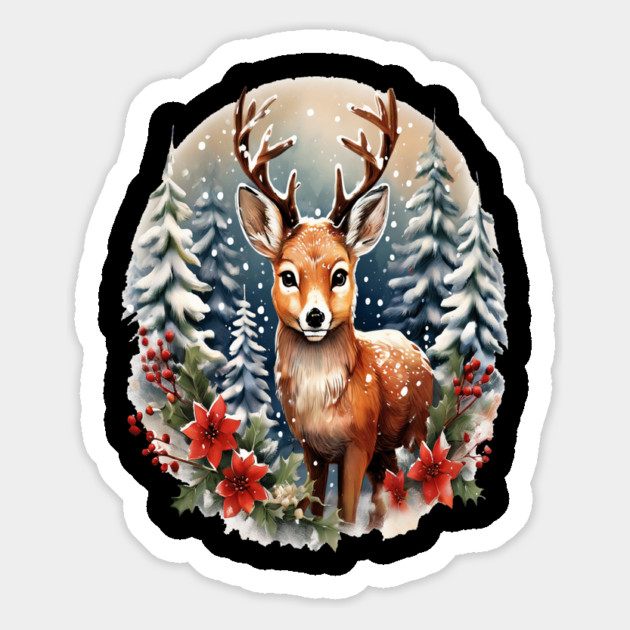 Christmas Deer with Poinsettia and Snow Magnet by BirdsnStuff