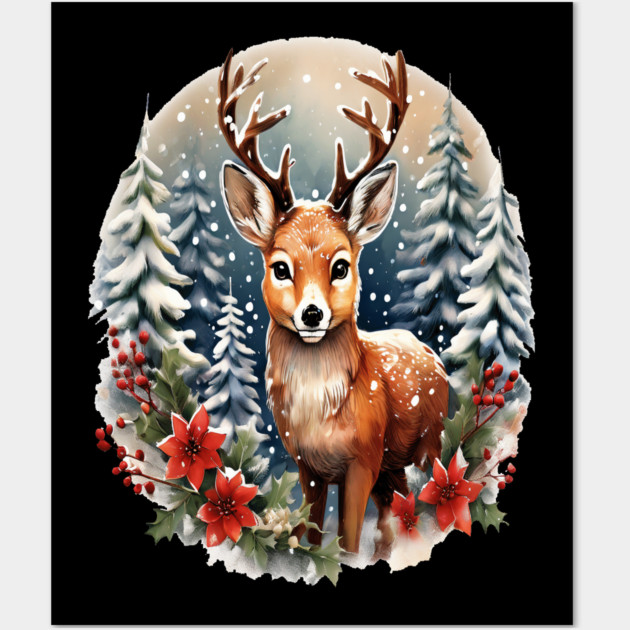 Christmas Deer with Poinsettia and Snow Wall Art by BirdsnStuff