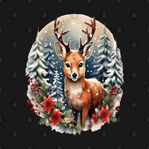 Christmas Deer with Poinsettia and Snow by BirdsnStuff