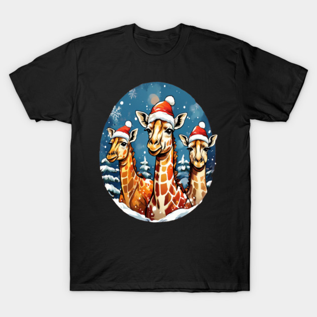 Chrismtas Girraffe and Santa Hats T-Shirt by BirdsnStuff