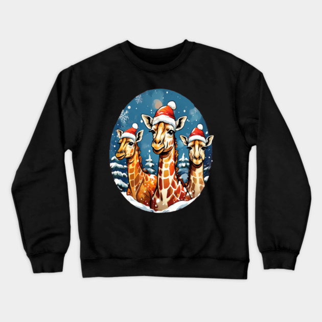 Chrismtas Girraffe and Santa Hats Crewneck Sweatshirt by BirdsnStuff
