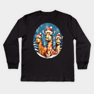 Chrismtas Girraffe and Santa Hats Kids Long Sleeve T-Shirt