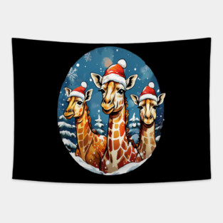 Chrismtas Girraffe and Santa Hats Tapestry