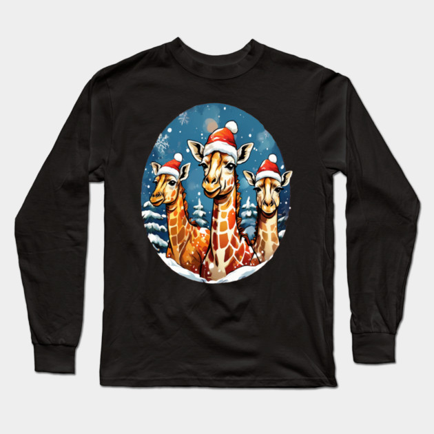 Chrismtas Girraffe and Santa Hats Long Sleeve T-Shirt by BirdsnStuff