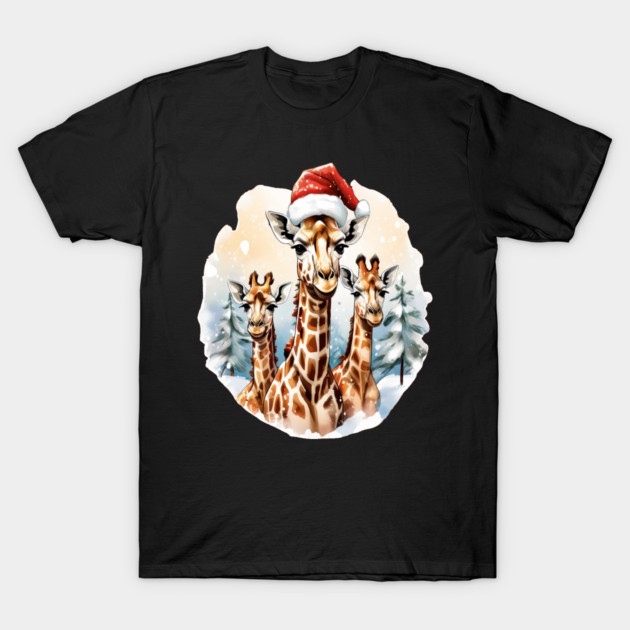Chrismtas Girraffe and Santa Hats T-Shirt by BirdsnStuff