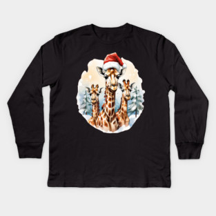 Chrismtas Girraffe and Santa Hats Kids Long Sleeve T-Shirt