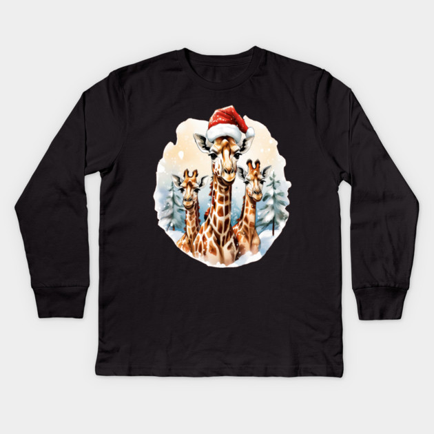 Chrismtas Girraffe and Santa Hats Kids Long Sleeve T-Shirt by BirdsnStuff