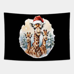 Chrismtas Girraffe and Santa Hats Tapestry