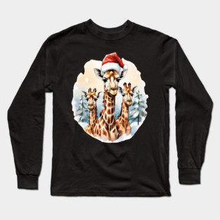 Chrismtas Girraffe and Santa Hats Long Sleeve T-Shirt