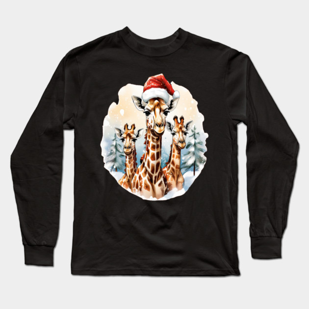 Chrismtas Girraffe and Santa Hats Long Sleeve T-Shirt by BirdsnStuff