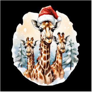 Chrismtas Girraffe and Santa Hats Posters and Art
