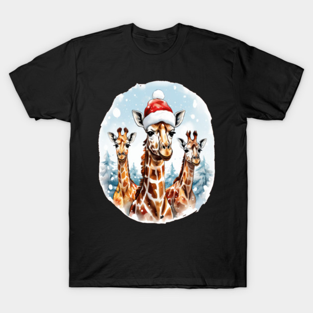 Chrismtas Girraffe and Santa Hats T-Shirt by BirdsnStuff