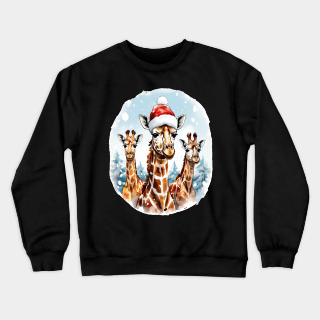 Chrismtas Girraffe and Santa Hats Crewneck Sweatshirt by BirdsnStuff