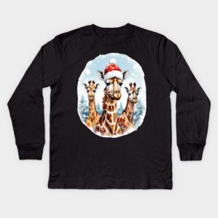 Chrismtas Girraffe and Santa Hats Kids Long Sleeve T-Shirt
