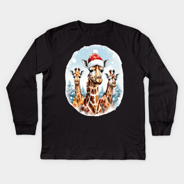 Chrismtas Girraffe and Santa Hats Kids Long Sleeve T-Shirt by BirdsnStuff