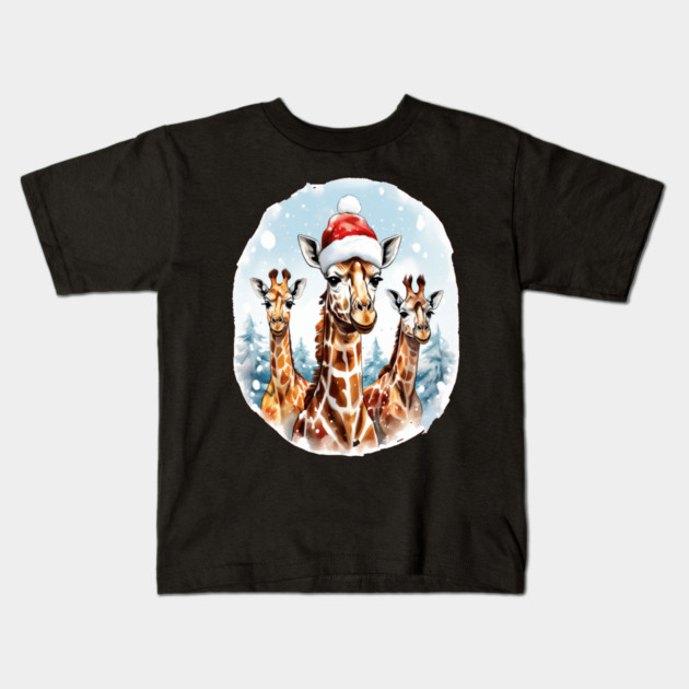 Chrismtas Girraffe and Santa Hats Kids T-Shirt by BirdsnStuff