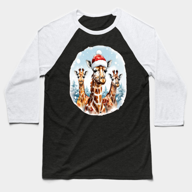 Chrismtas Girraffe and Santa Hats Baseball T-Shirt by BirdsnStuff