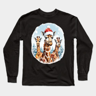 Chrismtas Girraffe and Santa Hats Long Sleeve T-Shirt