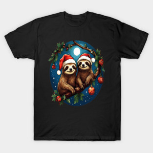 Cute Christmas Sloths in Santa Hats T-Shirt