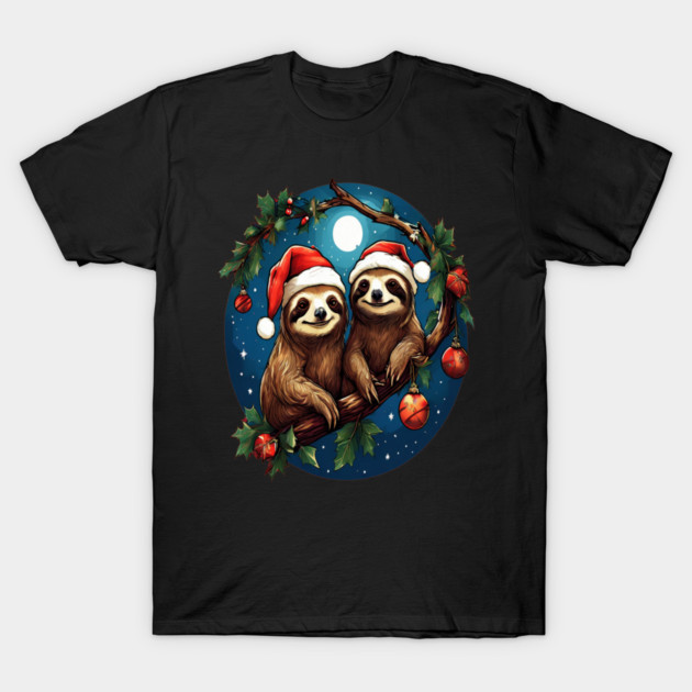 Cute Christmas Sloths in Santa Hats T-Shirt by BirdsnStuff
