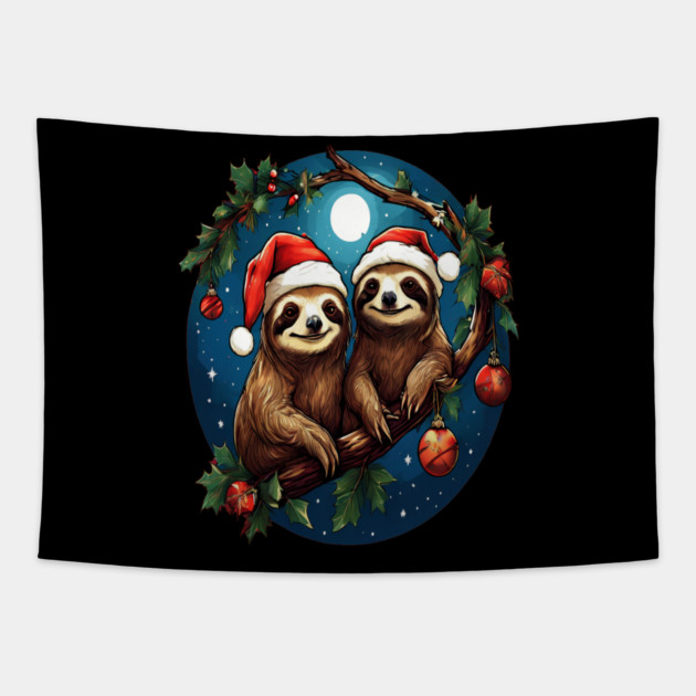 Cute Christmas Sloths in Santa Hats Tapestry by BirdsnStuff