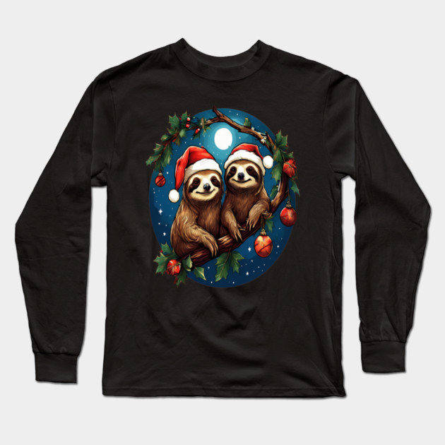 Cute Christmas Sloths in Santa Hats Long Sleeve T-Shirt by BirdsnStuff
