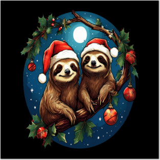 Cute Christmas Sloths in Santa Hats Posters and Art