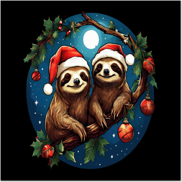Cute Christmas Sloths in Santa Hats Wall Art by BirdsnStuff