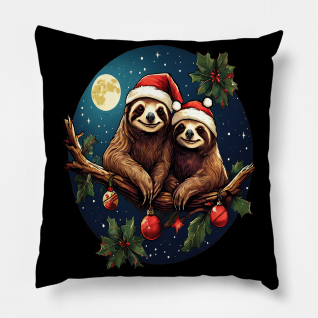 Cute Christmas Sloths in Santa Hats Pillow by BirdsnStuff