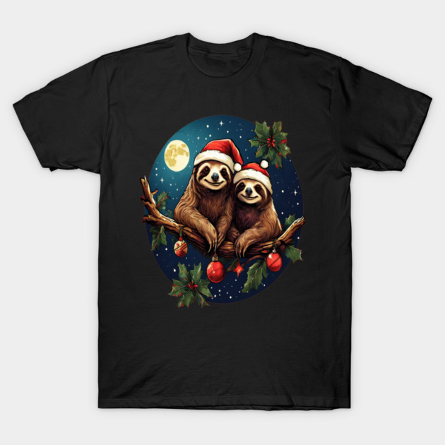 Cute Christmas Sloths in Santa Hats T-Shirt by BirdsnStuff
