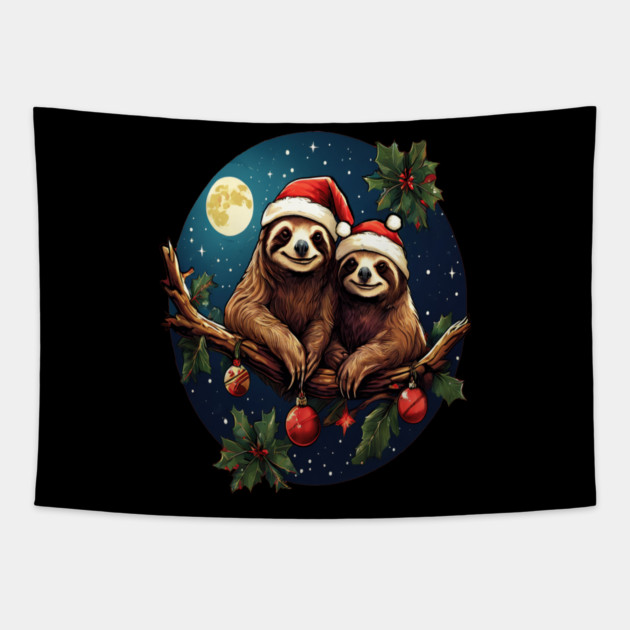 Cute Christmas Sloths in Santa Hats Tapestry by BirdsnStuff