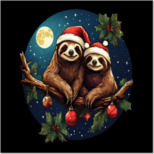Cute Christmas Sloths in Santa Hats Posters and Art
