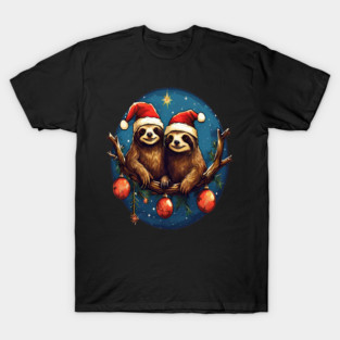 Cute Christmas Sloths in Santa Hats T-Shirt