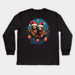 Cute Christmas Sloths in Santa Hats Kids Long Sleeve T-Shirt