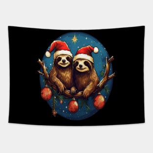 Cute Christmas Sloths in Santa Hats Tapestry